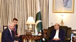 صدر آصف علی زرداری اسلام آباد میں روسی وزیر داخلہ ولادیمیر کولوکولتسیف سے ملاقات کرتے ہوئے